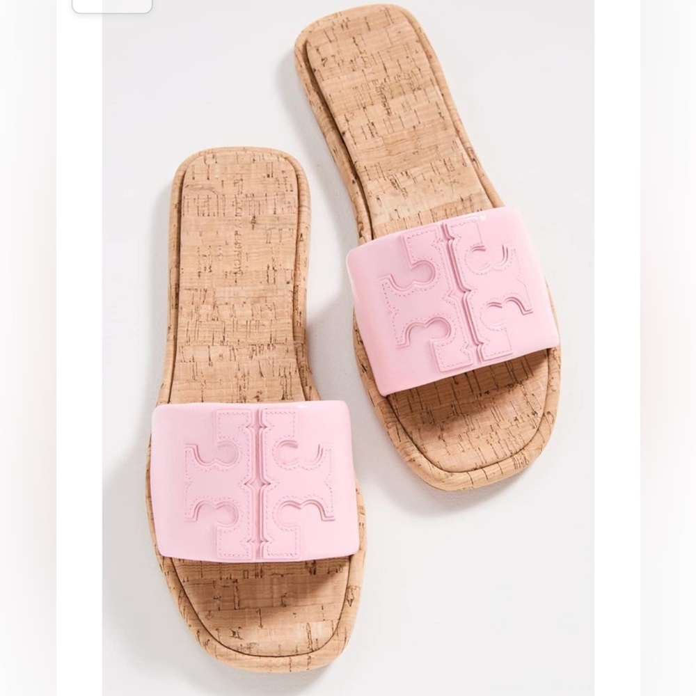 New Tory Burch DOUBLE T SPORT Petunia / Natural SLIDE - Picture 3 of 8